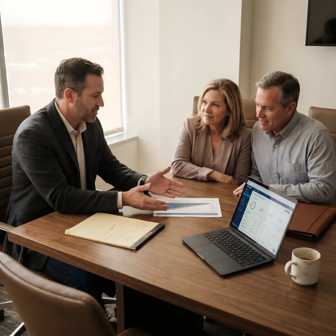 Advisor reviewing retirement and tax planning documents with clients