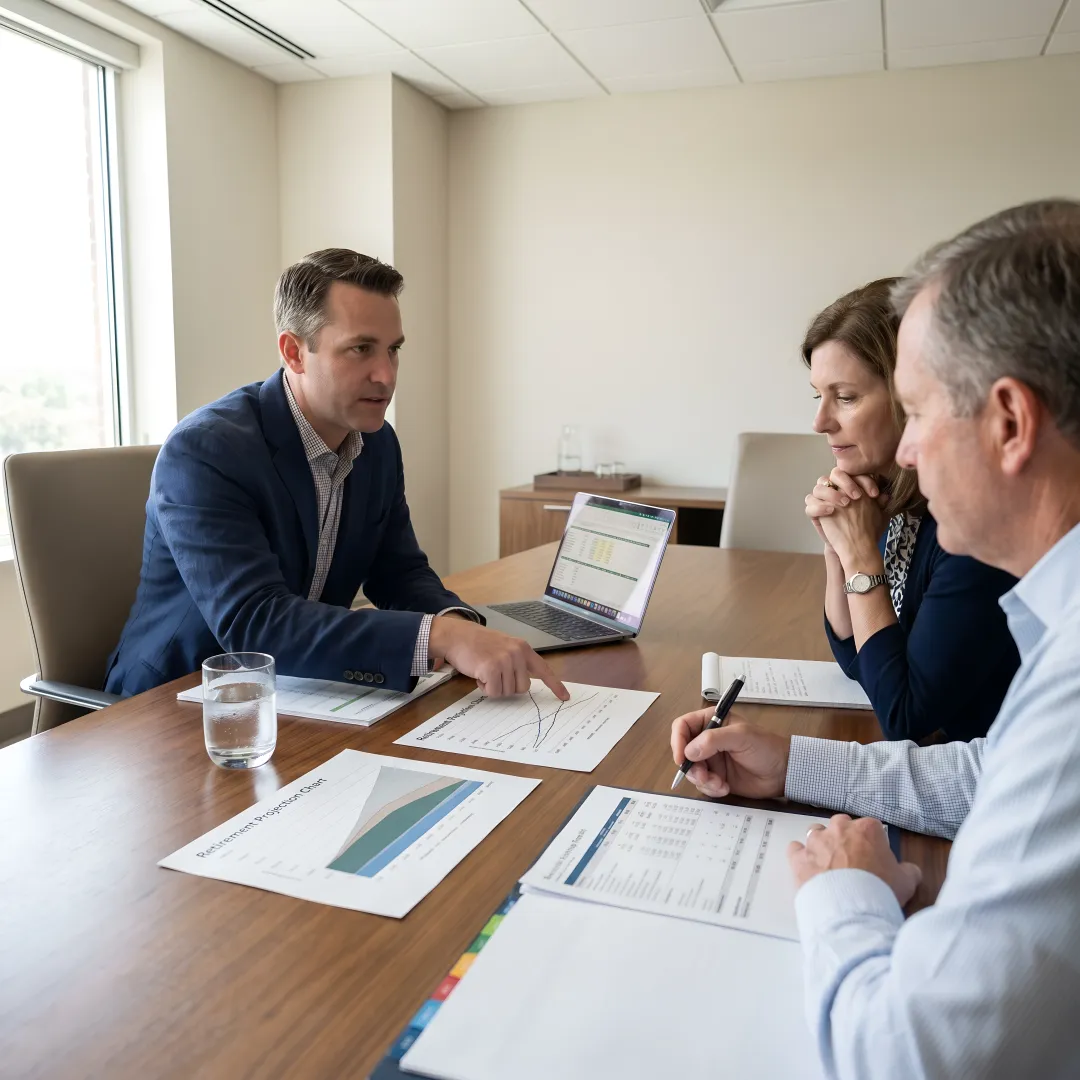 Certified financial planner discussing retirement planning with clients
