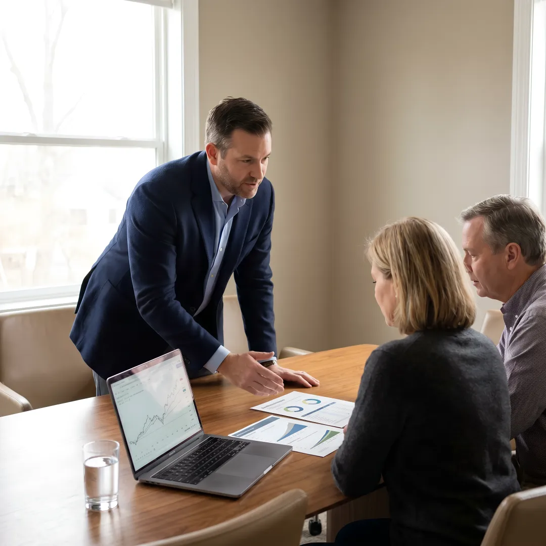 Financial advisor discussing a 401(k) retirement plan with clients