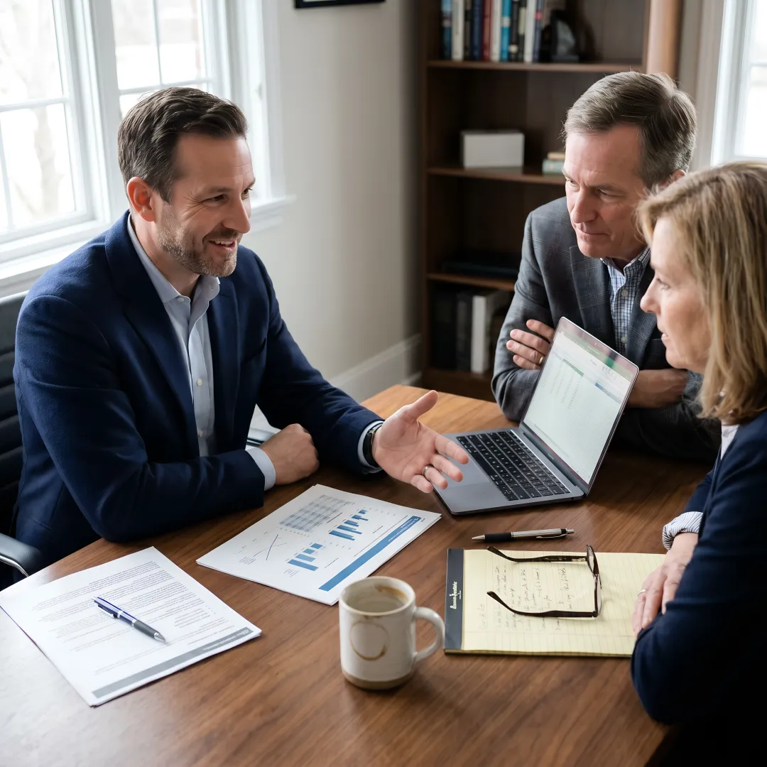 Advisor reviewing business transaction plans with owners