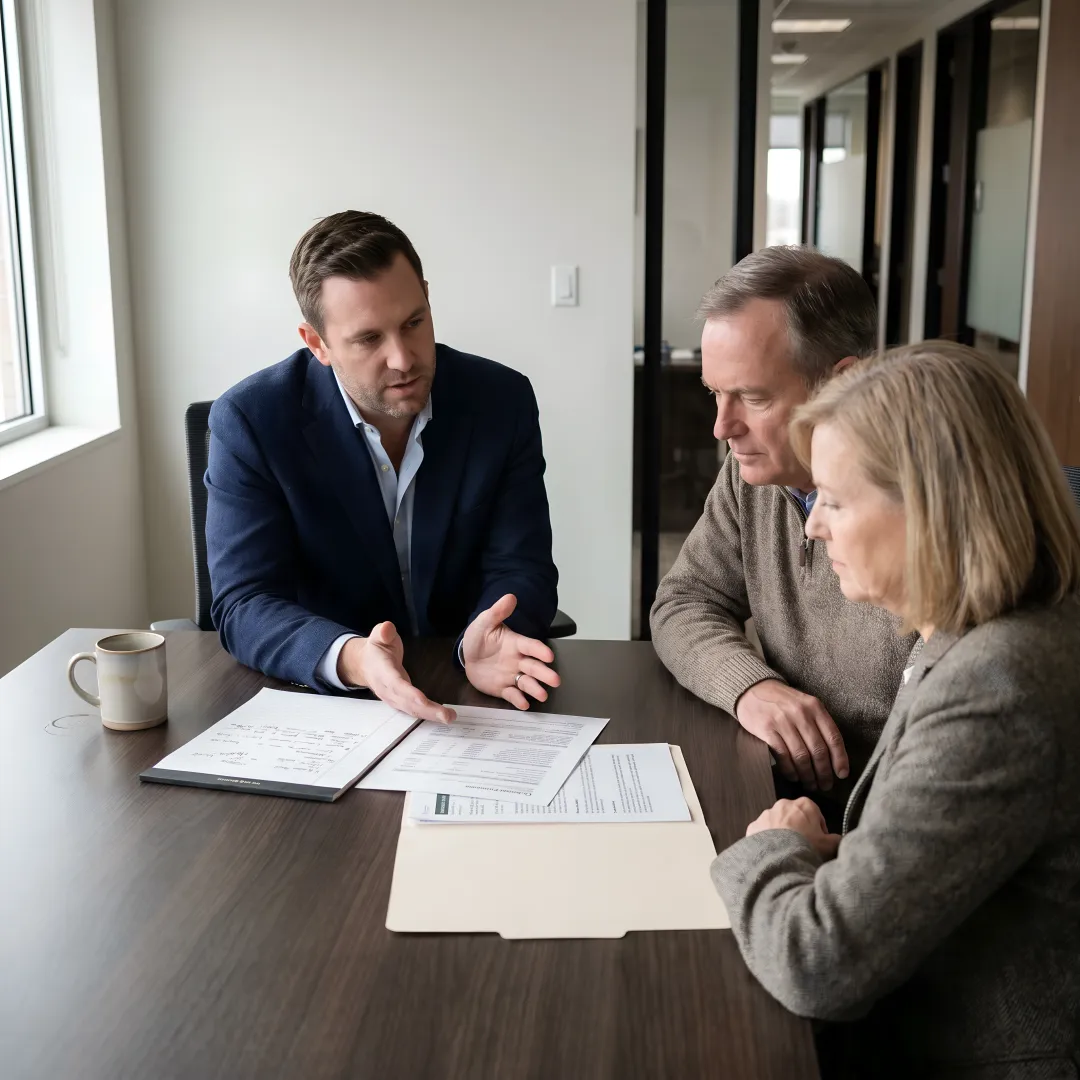 Financial advisor reviewing integrated planning documents with clients