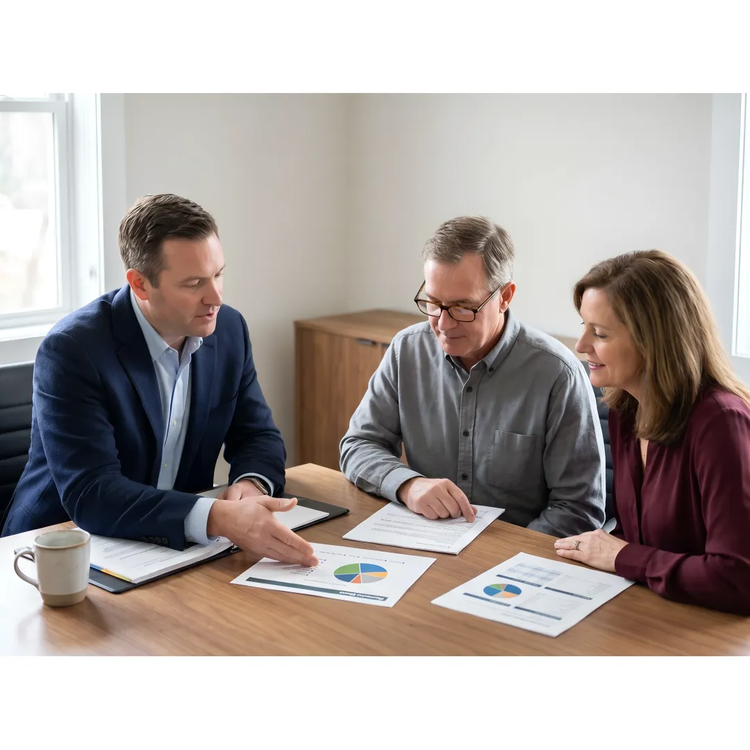Family reviewing wealth management plan with advisor