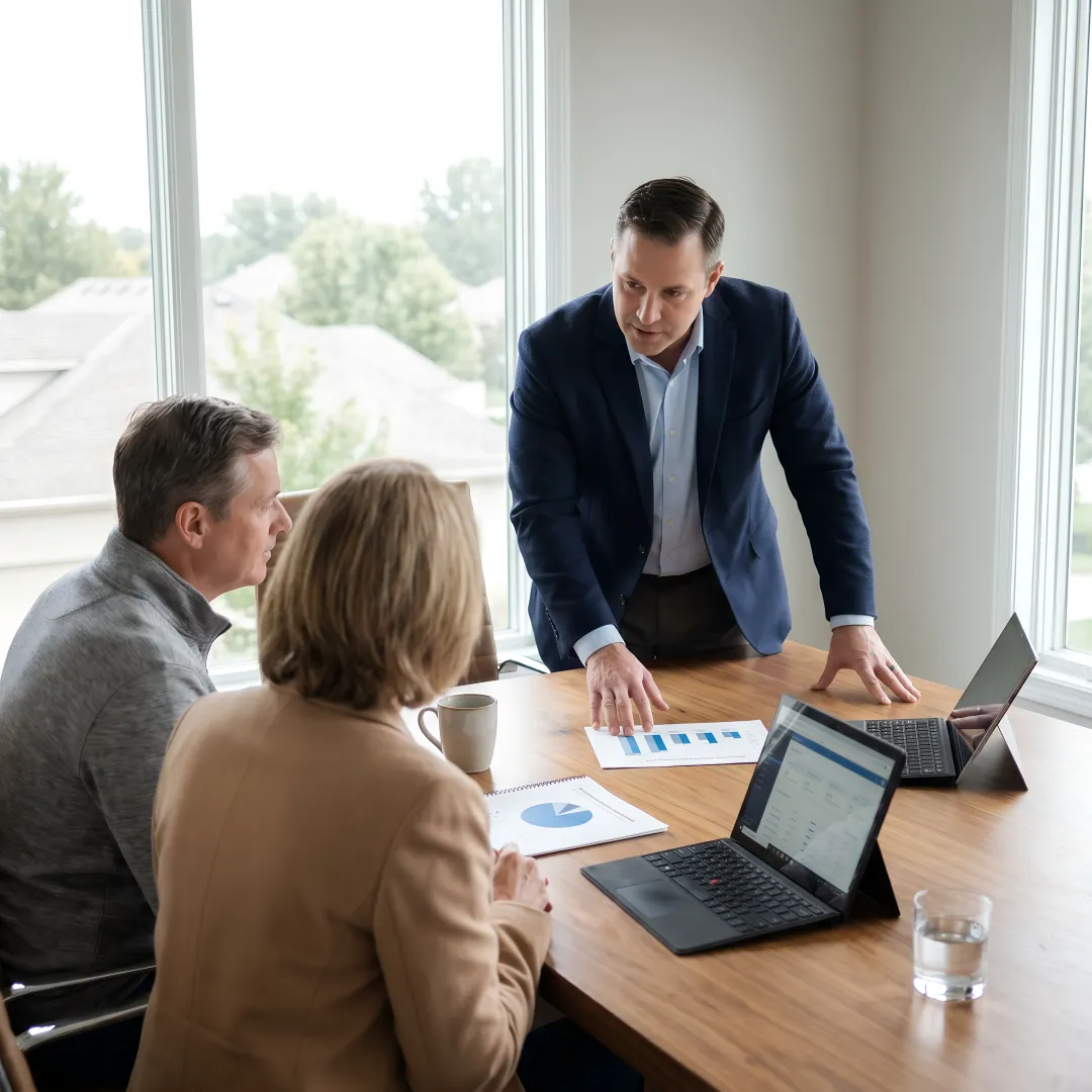 Advisor reviewing business financial reports with clients