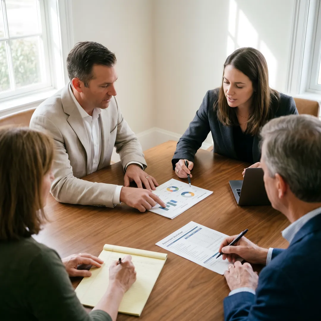 Advisors reviewing tax planning documents with a business owner