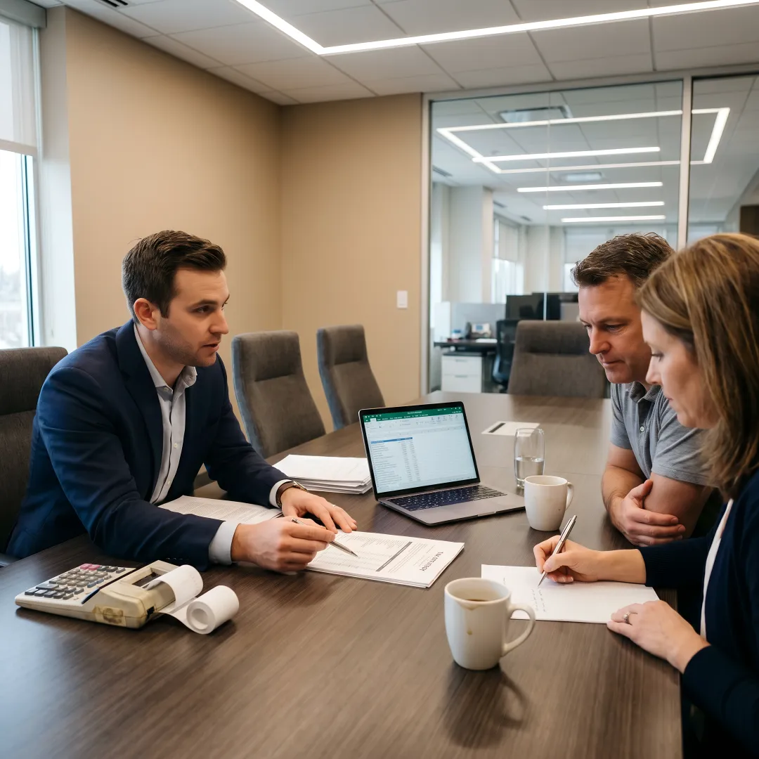 Family and entrepreneur reviewing tax strategy with financial advisor
