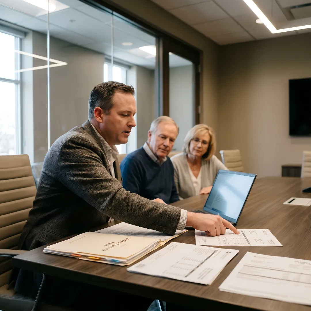 Advisor reviewing tax and estate planning documents with clients