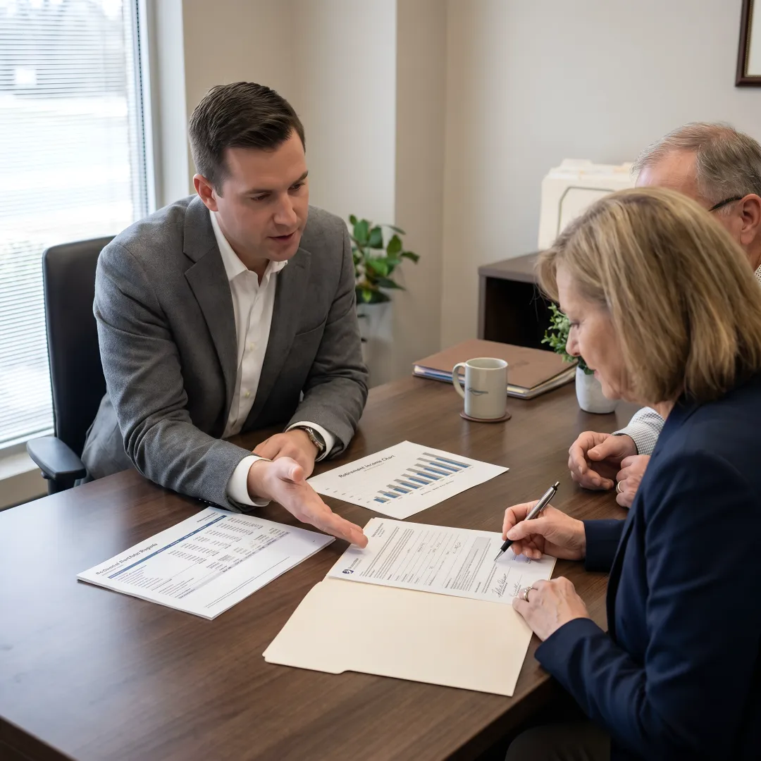 Advisor reviewing retirement tax planning documents with clients