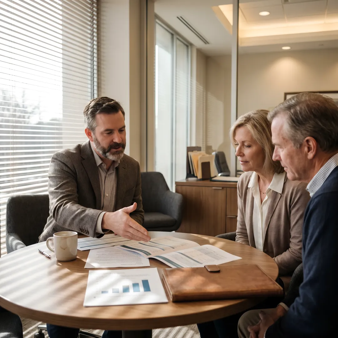 Financial advisor reviewing business planning documents with professional clients