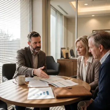 Financial advisor reviewing business planning documents with professional clients