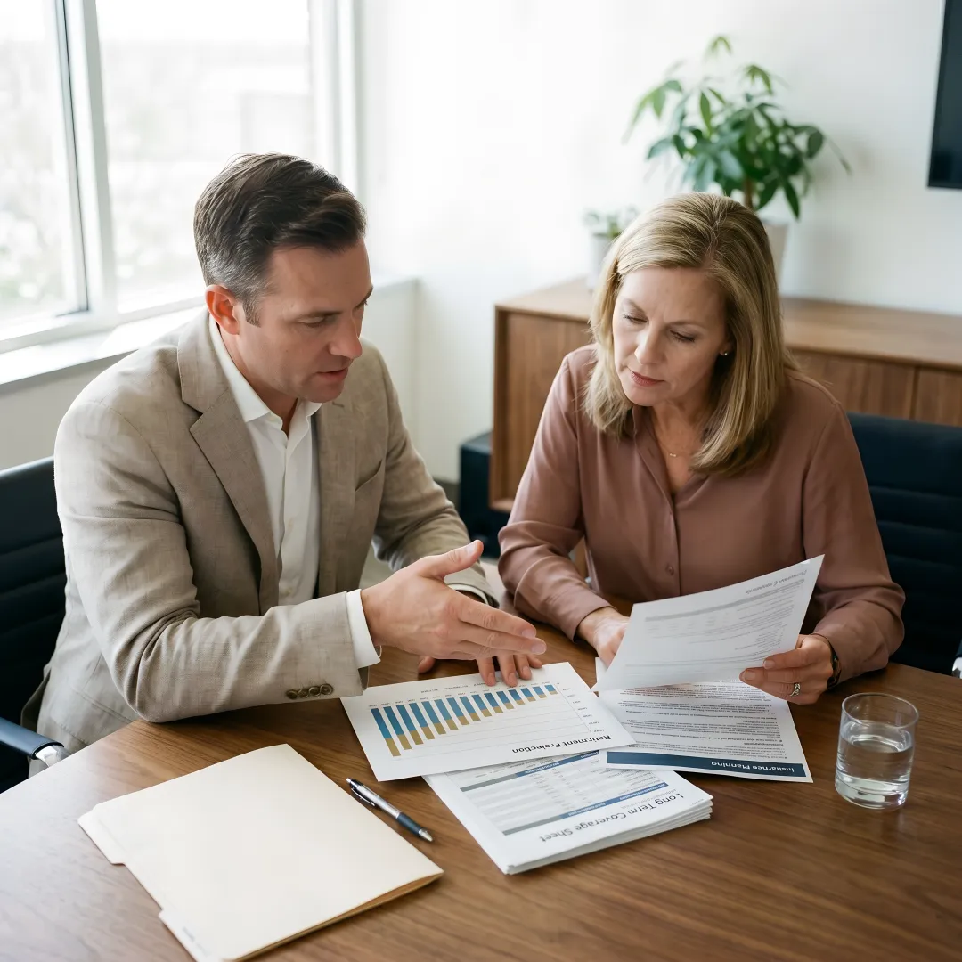 Business owner discussing long-term care planning with financial advisor