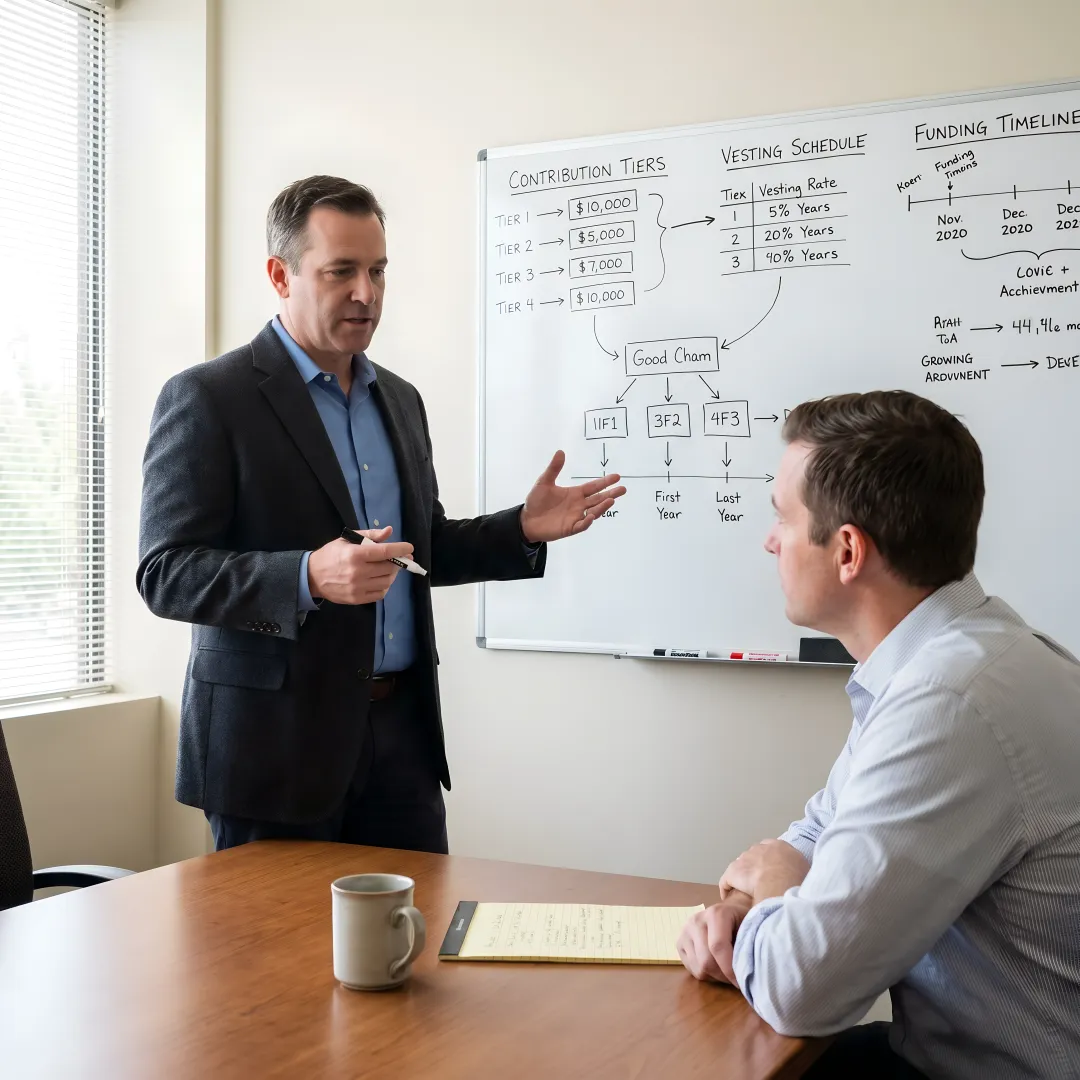 Advisor explaining defined benefit plan steps to business owner