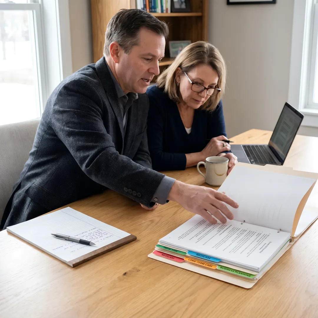 Advisor reviewing long-term care planning documents with business owner