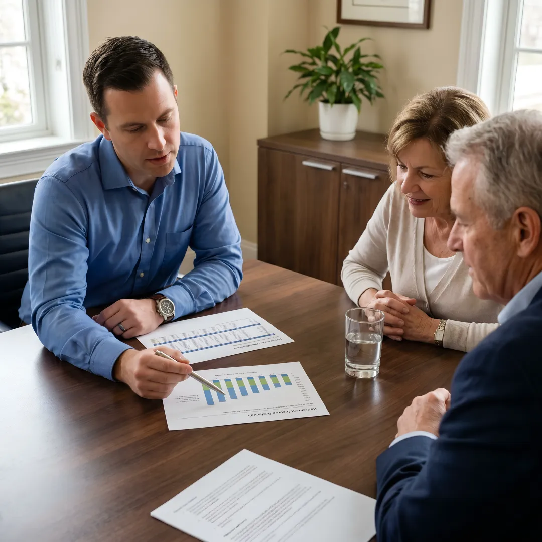 Advisor reviewing retirement income plan with clients