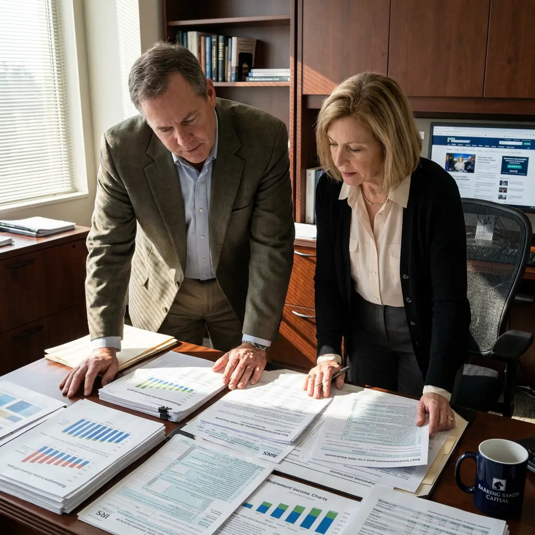 Advisor reviewing retirement planning documents with a retired CPA