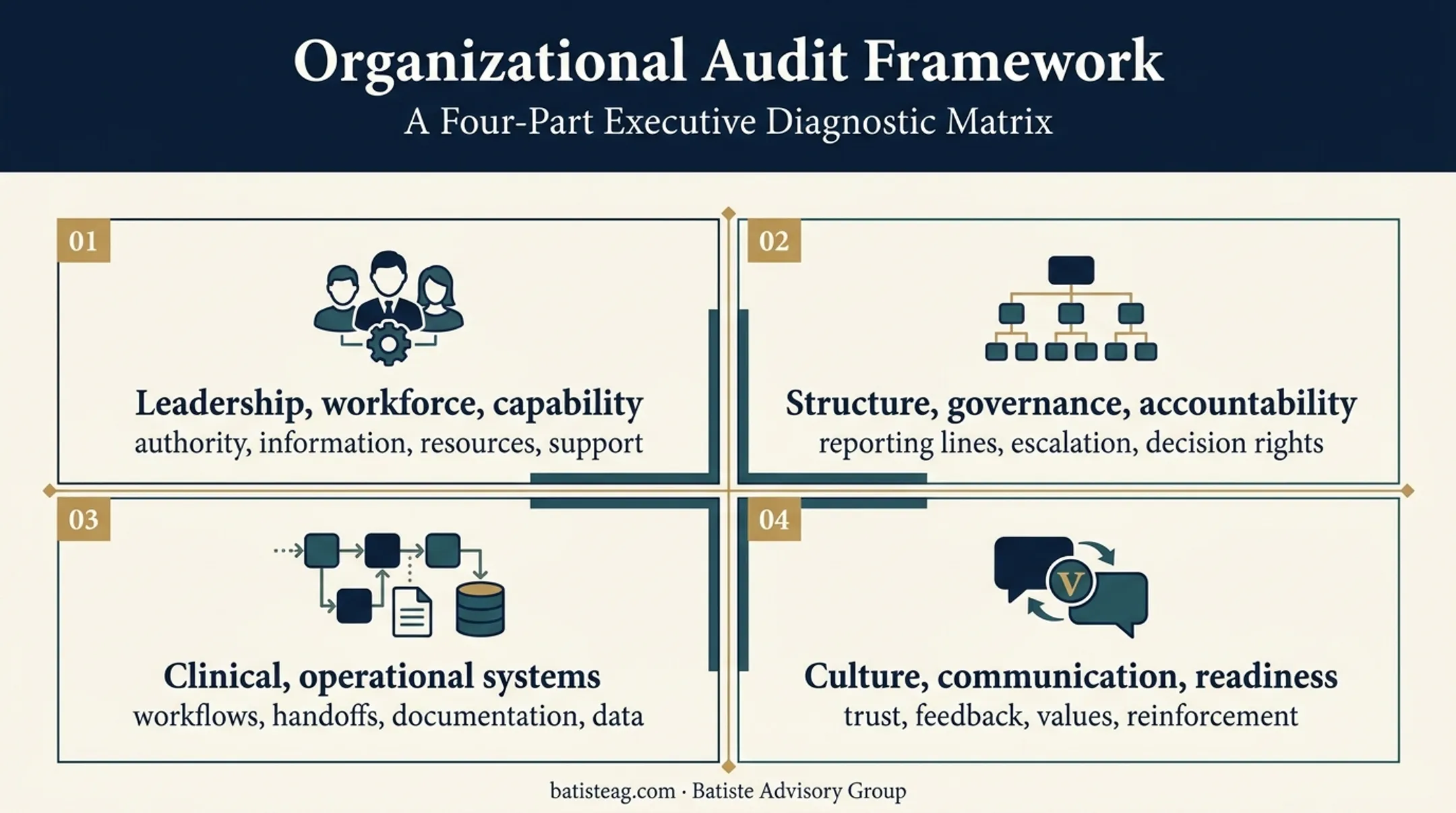 Four healthcare organizational audit assessment domains framework