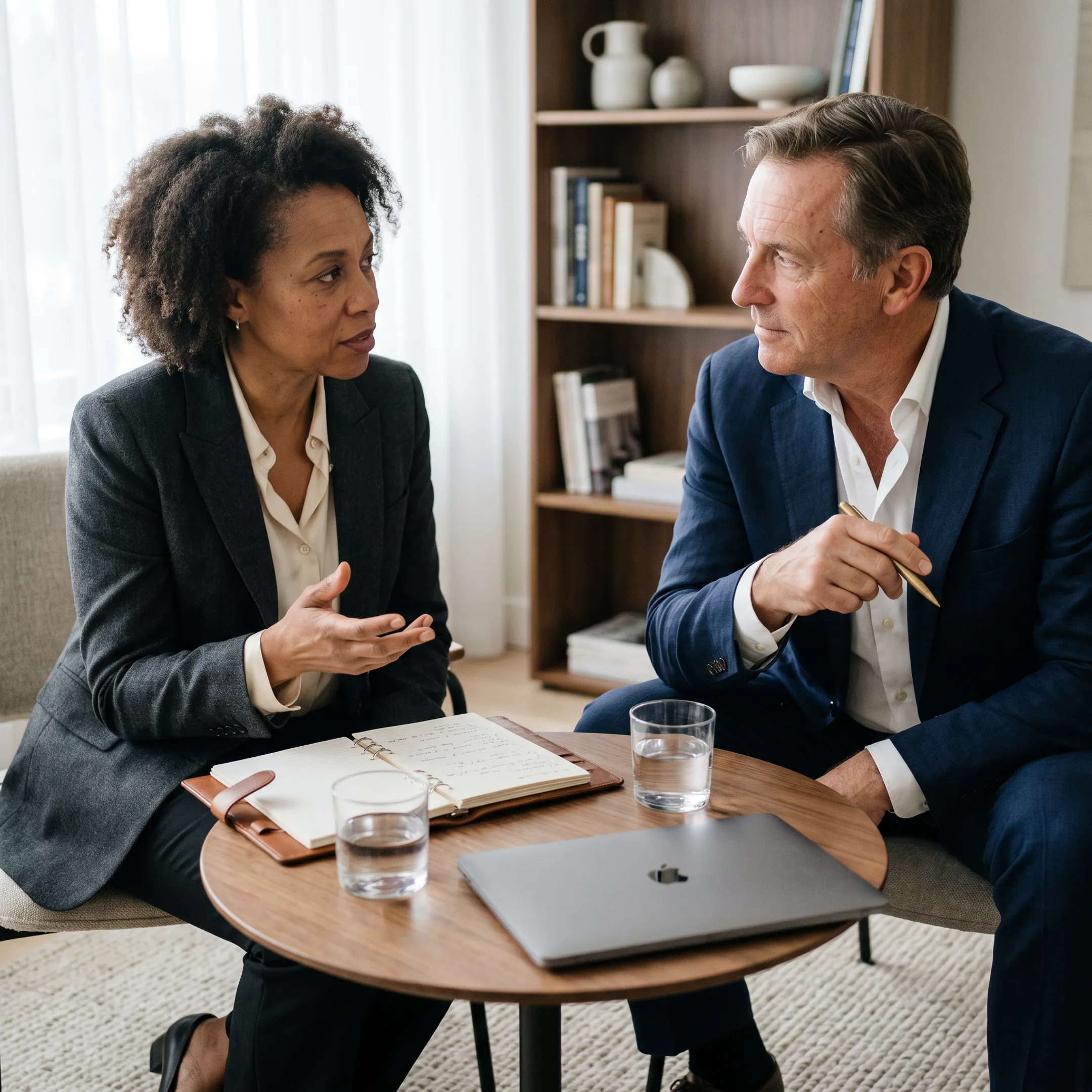 Executive leader in a confidential coaching conversation with an experienced advisor