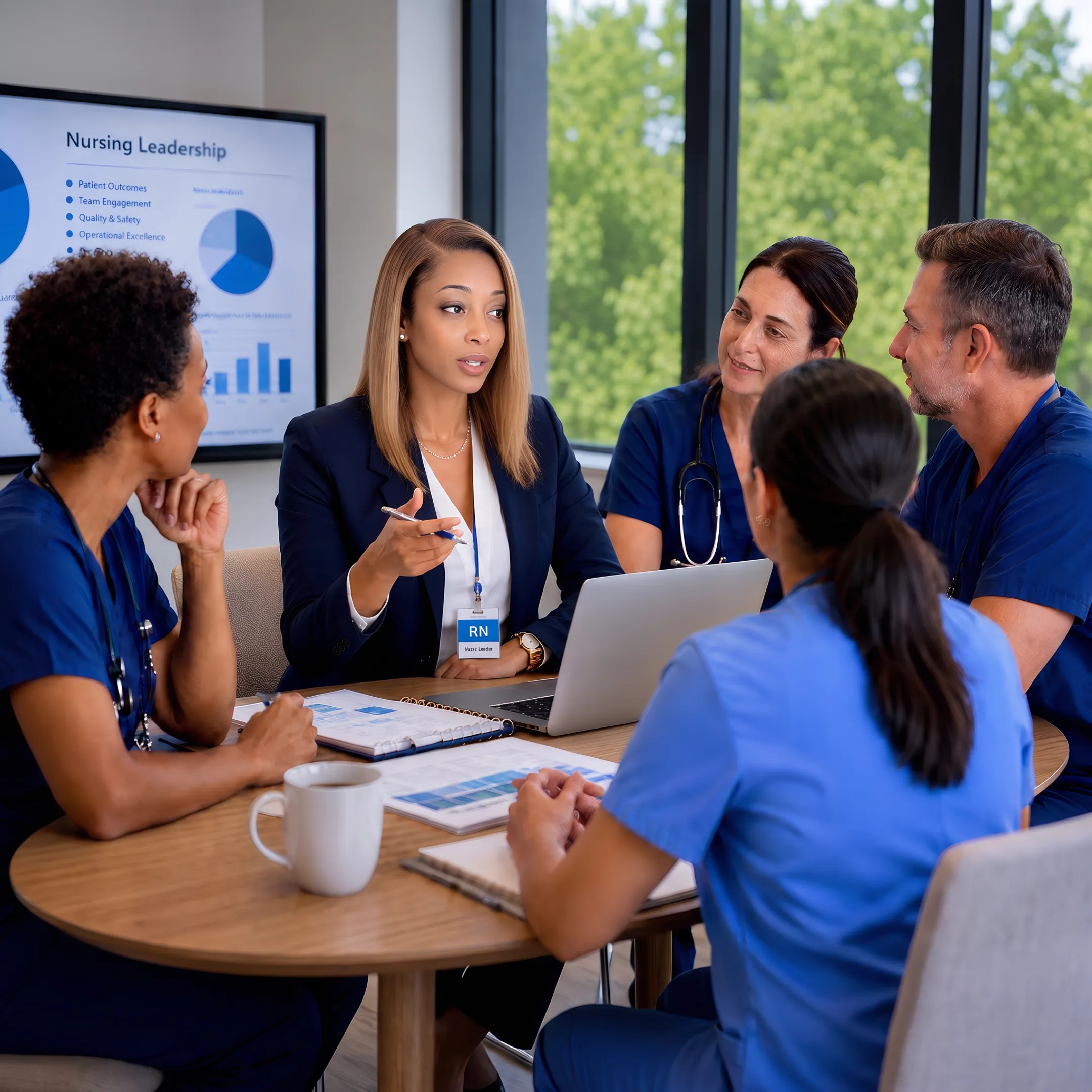 Healthcare executive leadership team collaborating during a strategic development session
