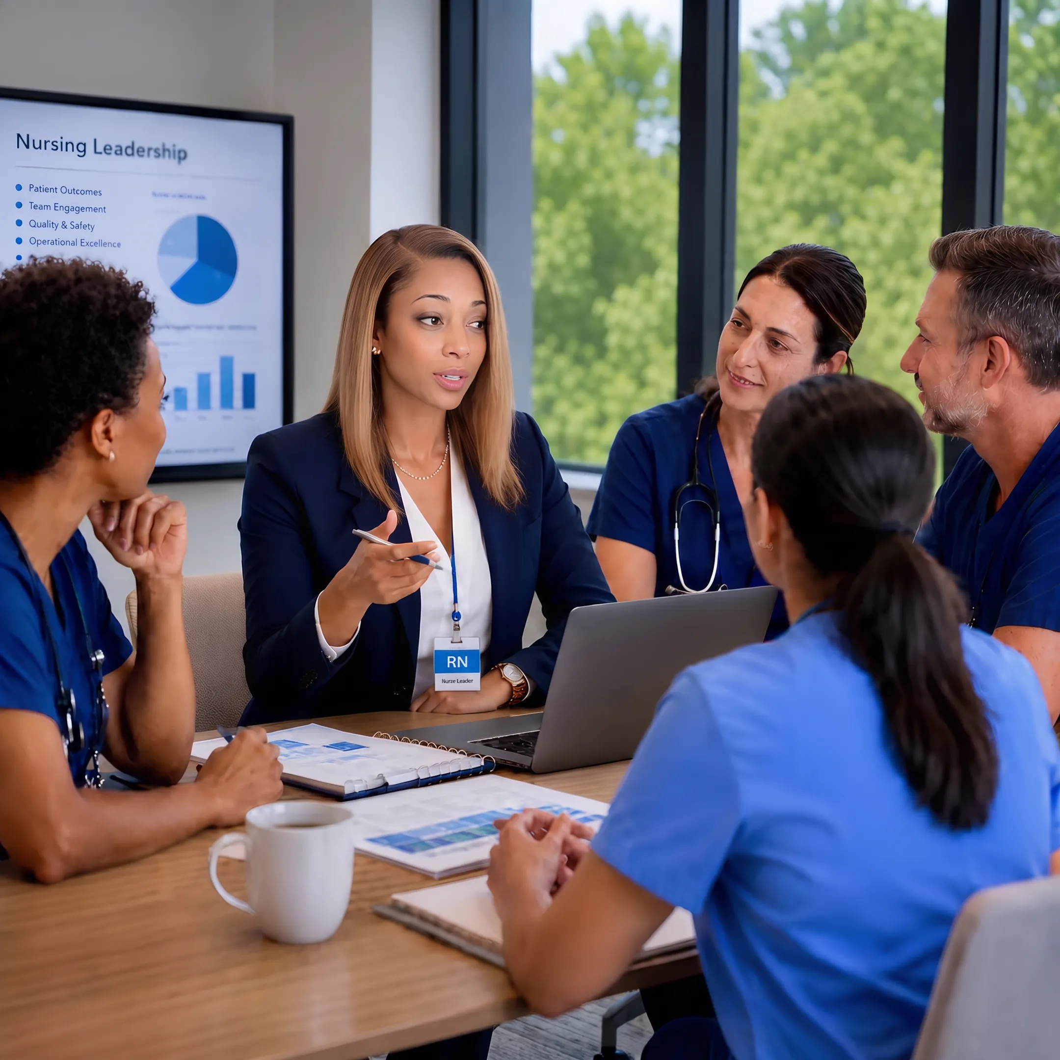 Healthcare executive consulting with organizational leaders during a strategy discussion