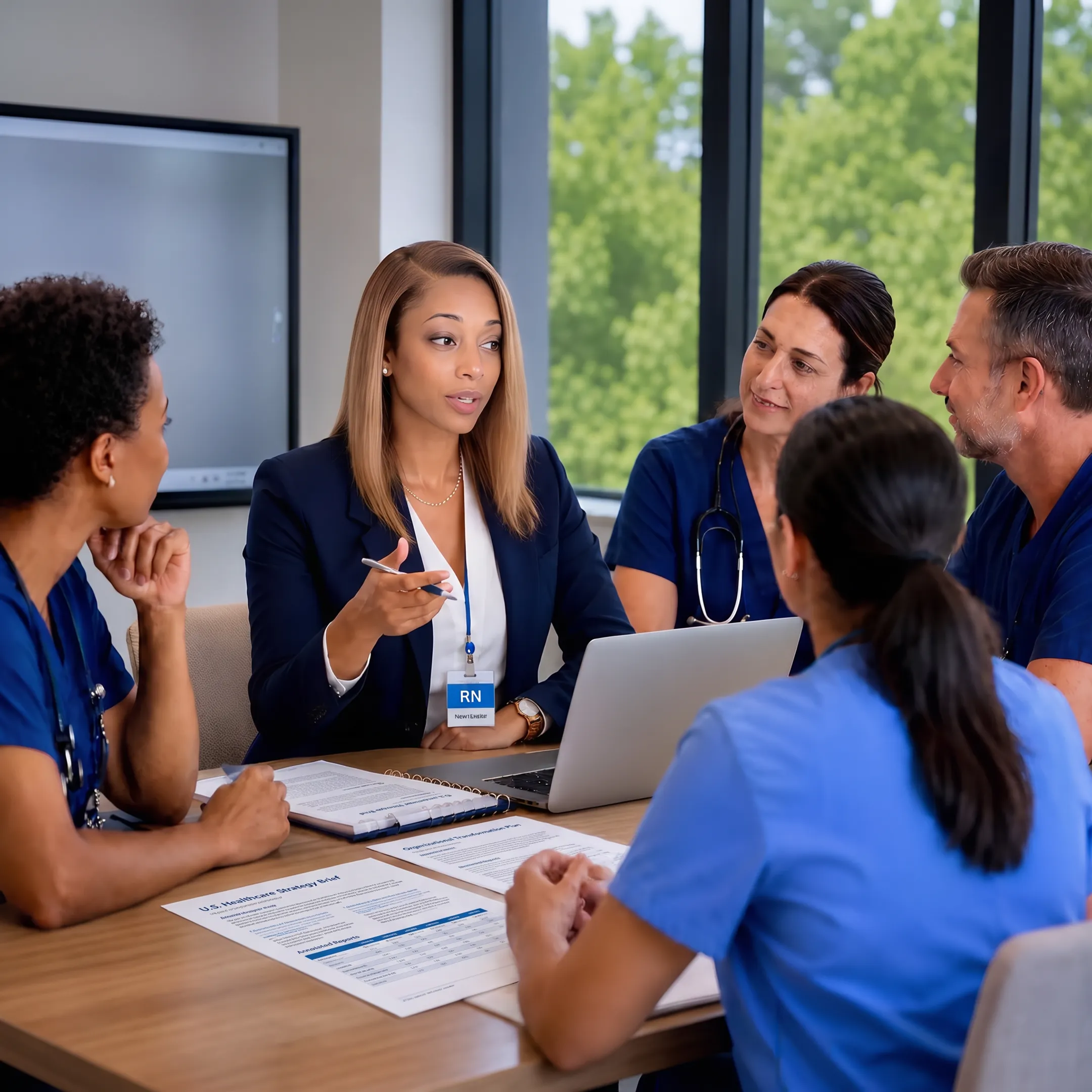 Healthcare executives collaborating during a strategic transformation consultation