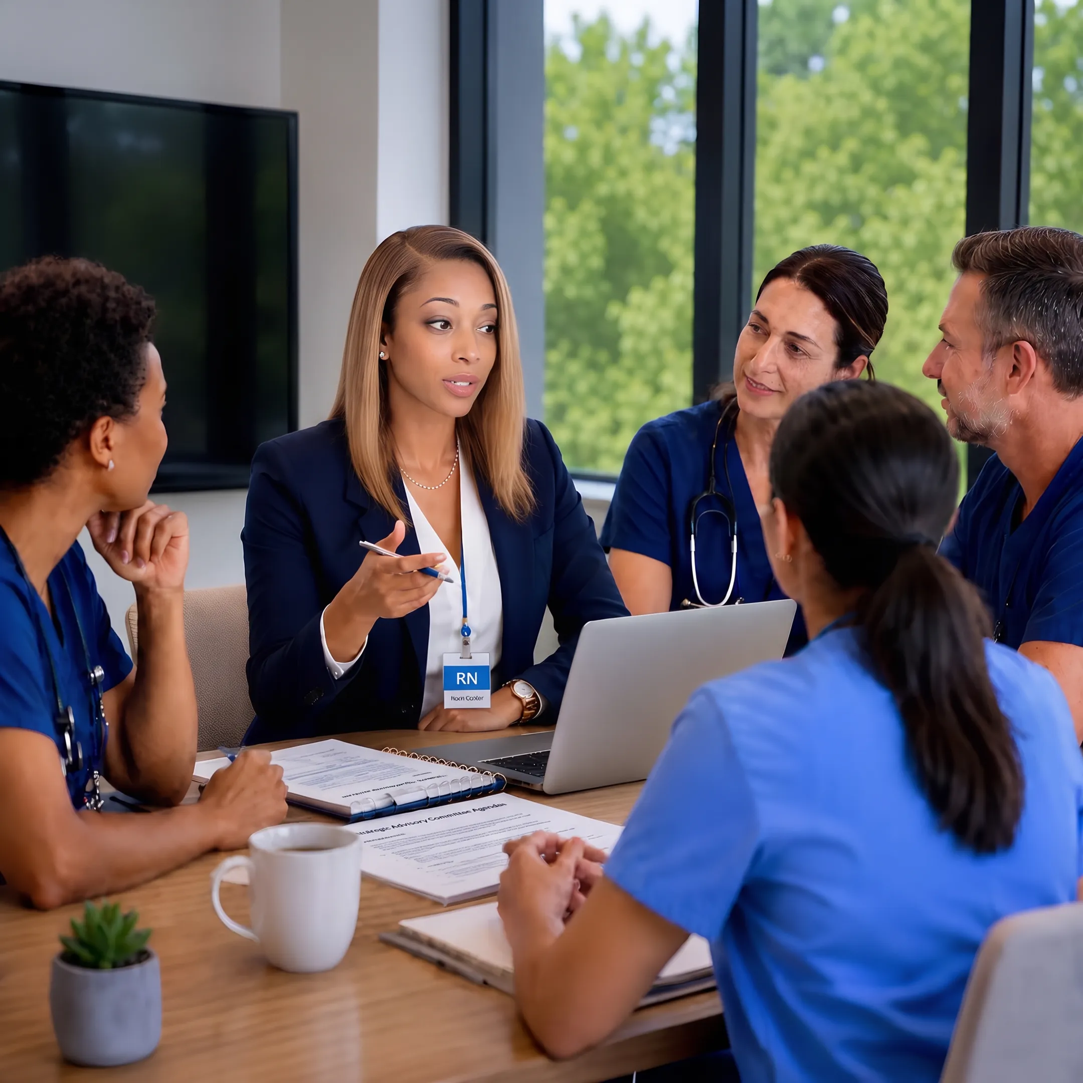 Healthcare leaders collaborating during an advisory committee strategy session