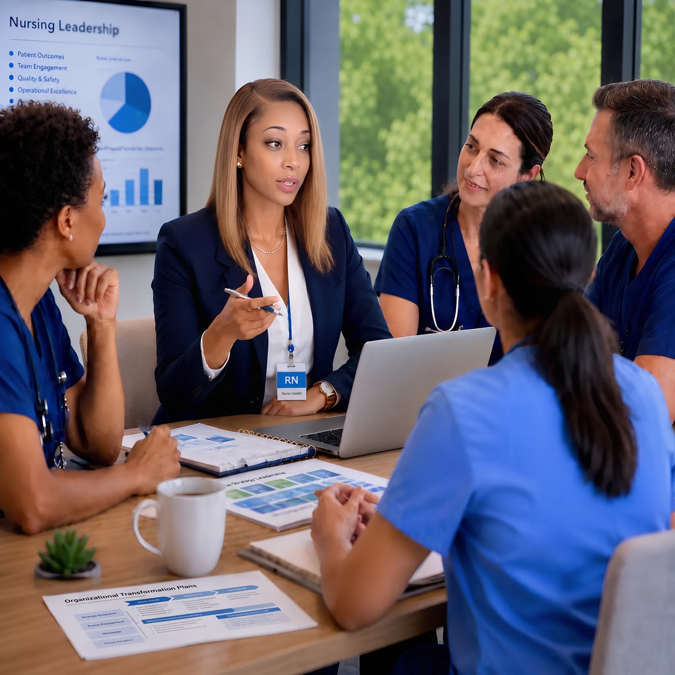 Healthcare executive advisory meeting with leaders reviewing organizational strategy