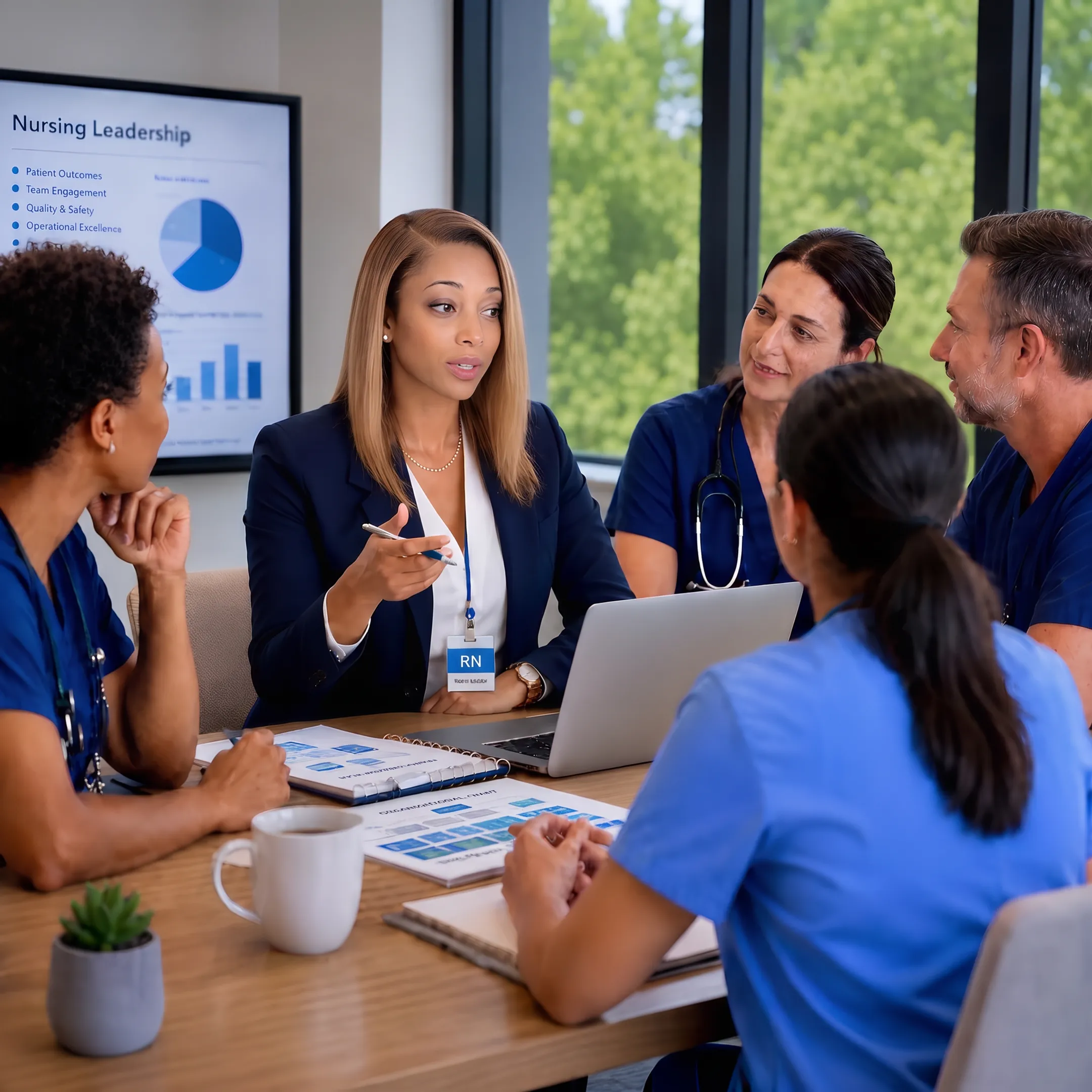 Healthcare leaders collaborating during a clinical transformation strategy session