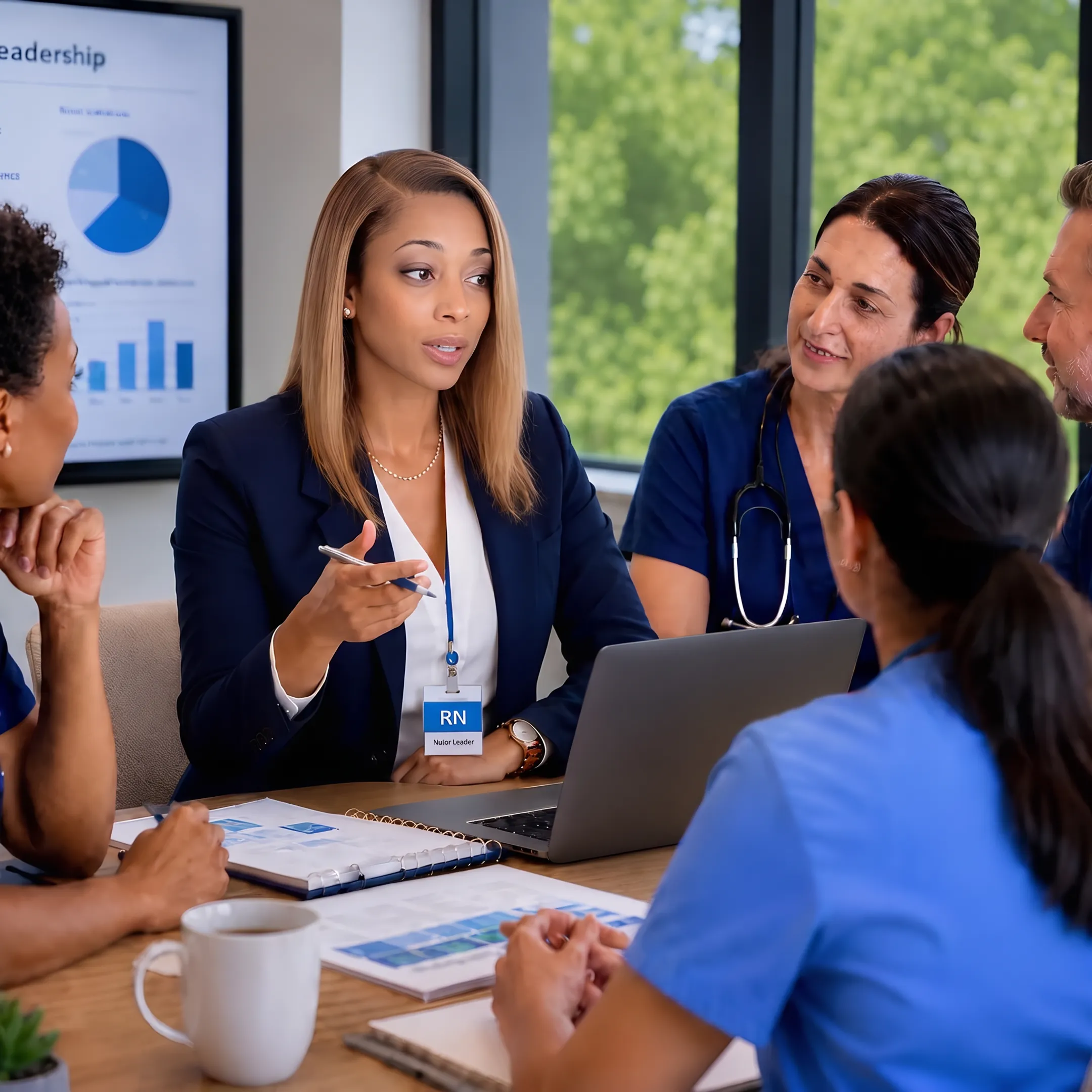 Healthcare consultant presenting organizational strategy to executive leaders