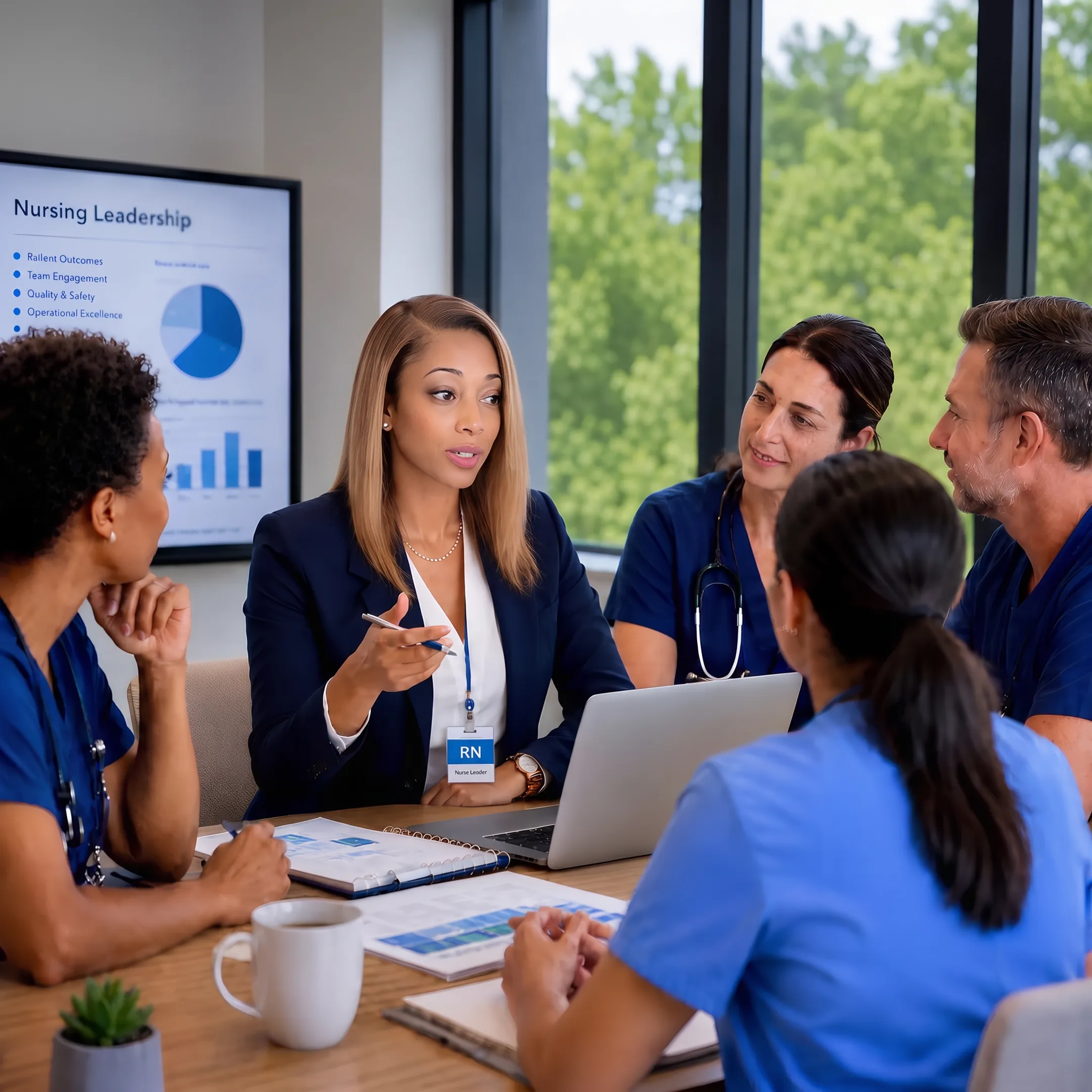 Healthcare executives reviewing a strategic transformation plan with an advisor
