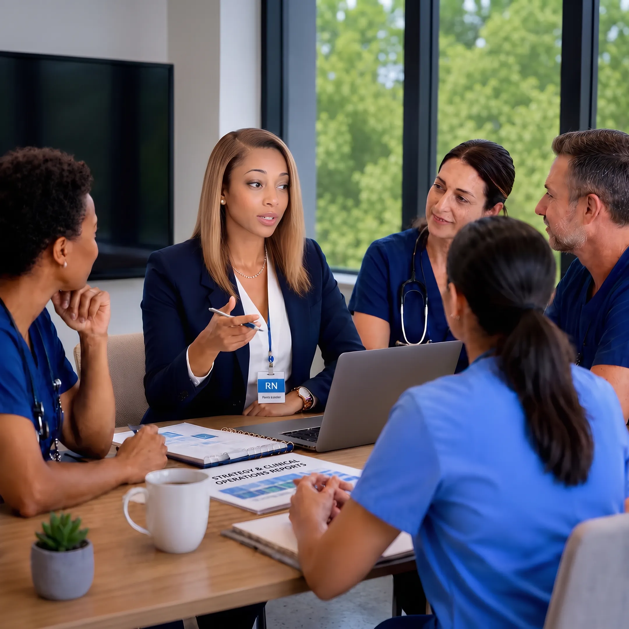 Healthcare advisor reviewing organizational strategy with nursing leaders