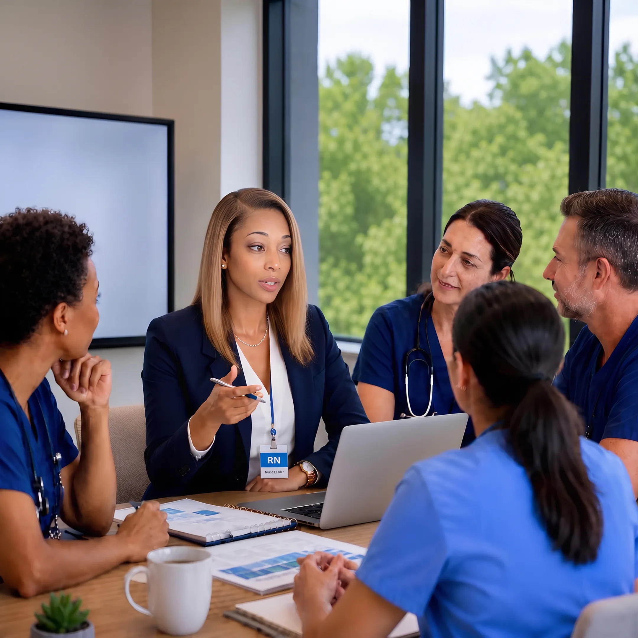 Healthcare executive leadership team collaborating during a facilitated development session