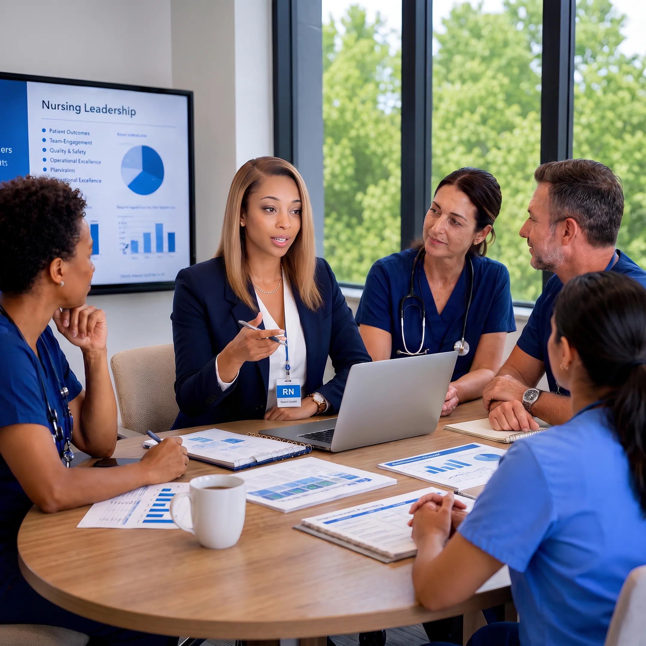 Healthcare leaders collaborating during a quality improvement strategy session