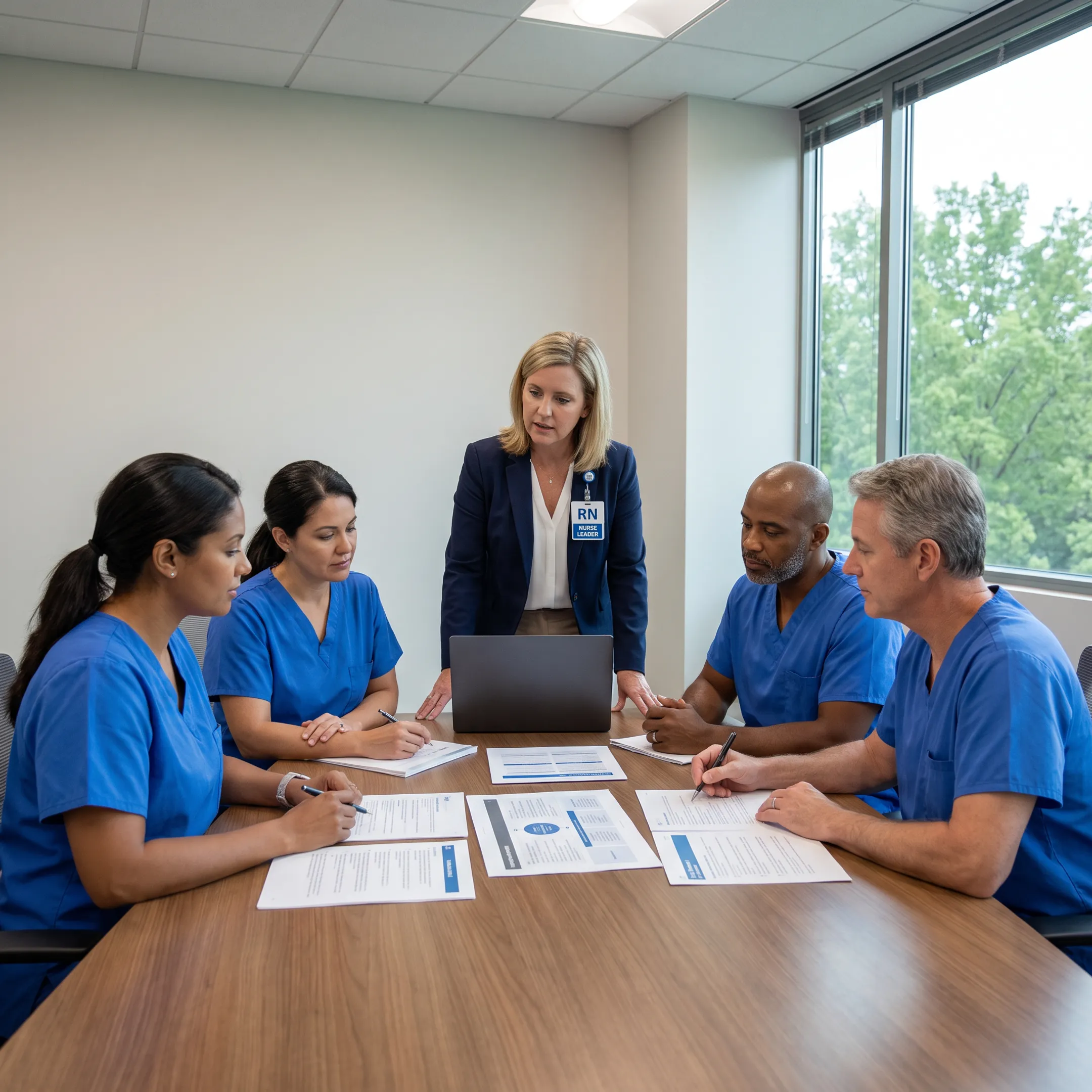 Healthcare consultant reviewing organizational strategy with senior leaders