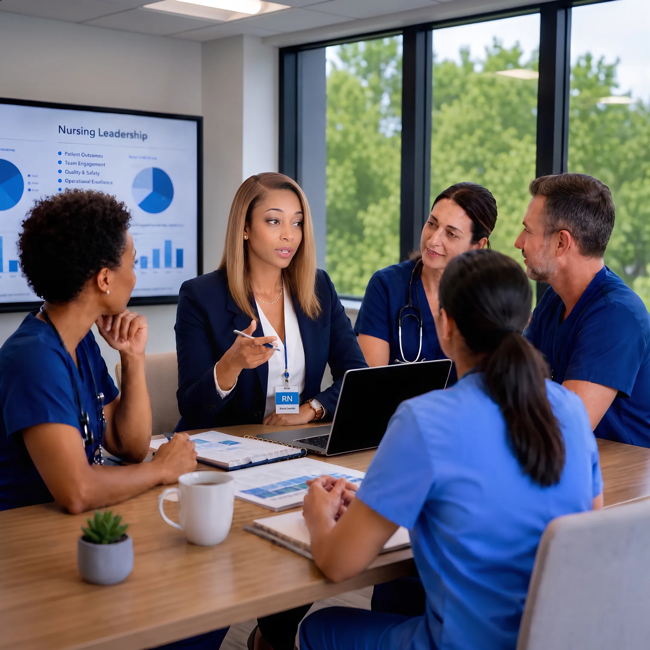 Leadership training session with managers collaborating around a conference table