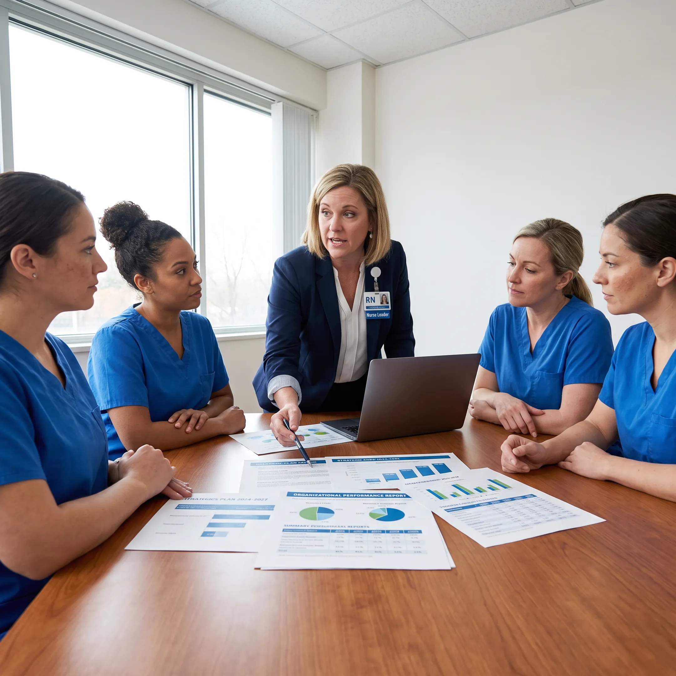 Healthcare executives reviewing strategic planning materials in a collaborative meeting