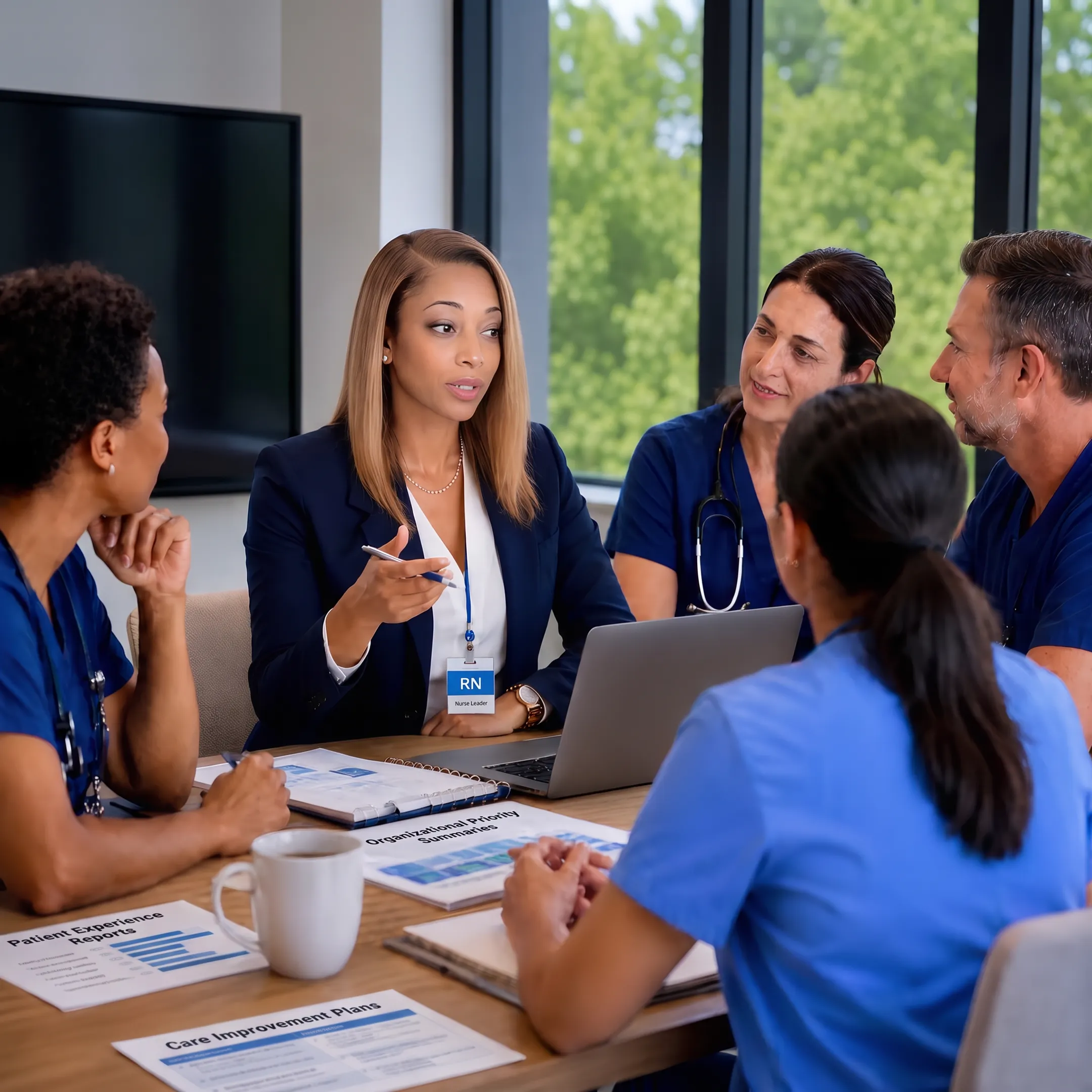 Healthcare leaders discussing patient experience improvement during a consulting session