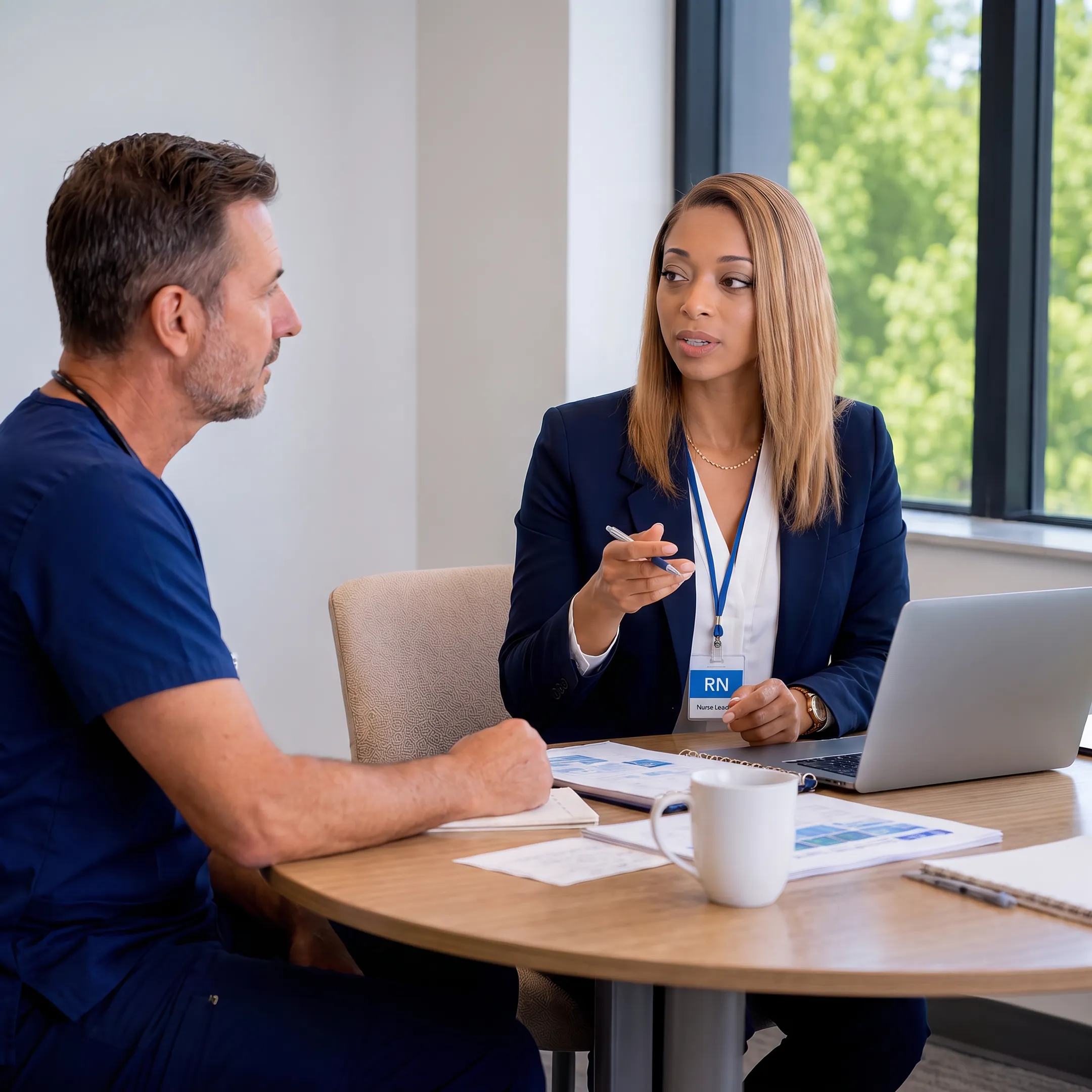 Executive coach speaking with a healthcare leader during a confidential coaching session
