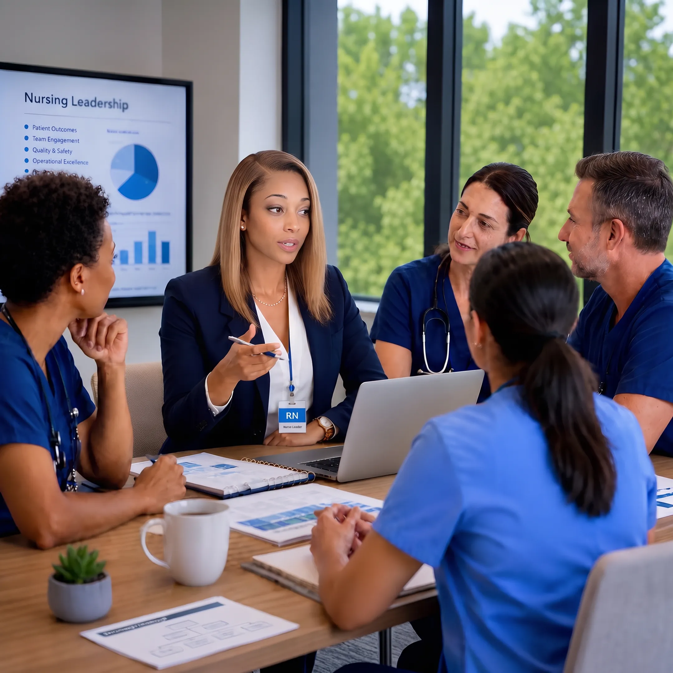 Healthcare executives collaborating during an organizational strategy discussion