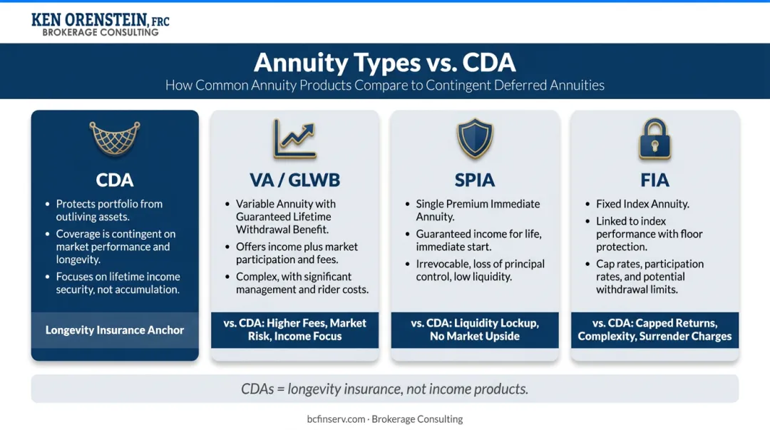 Contingent deferred annuity versus VA GLWB SPIA and FIA comparison infographic