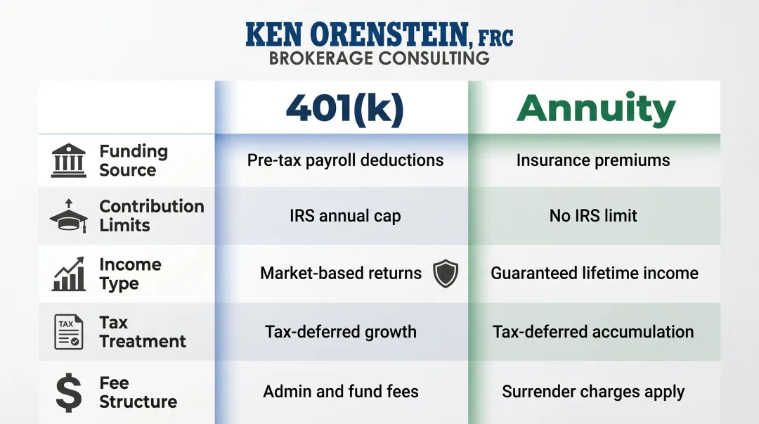 401k versus annuity five-category side-by-side comparison infographic