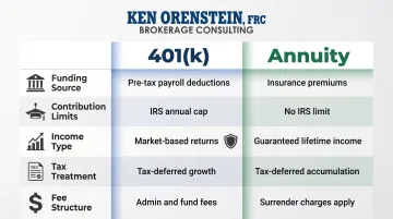 401k versus annuity five-category side-by-side comparison infographic