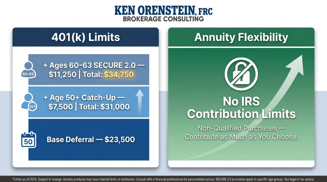 401k versus annuity contribution limits and flexibility comparison breakdown infographic