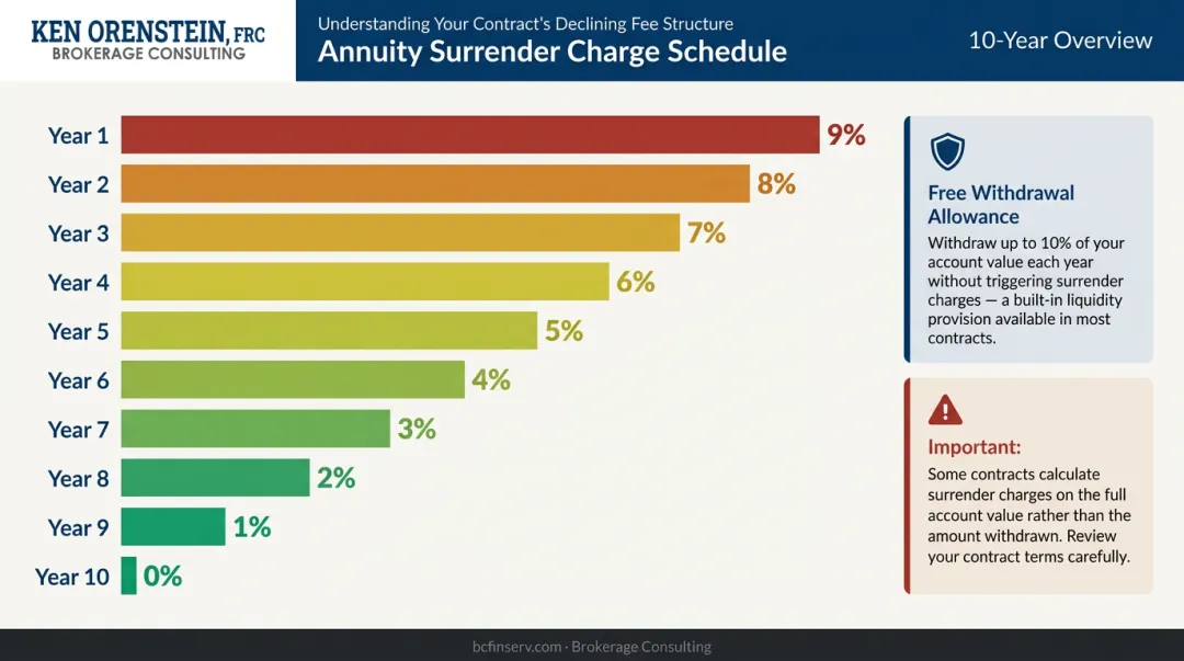 Deferred annuity surrender charge declining schedule timeline over ten year period