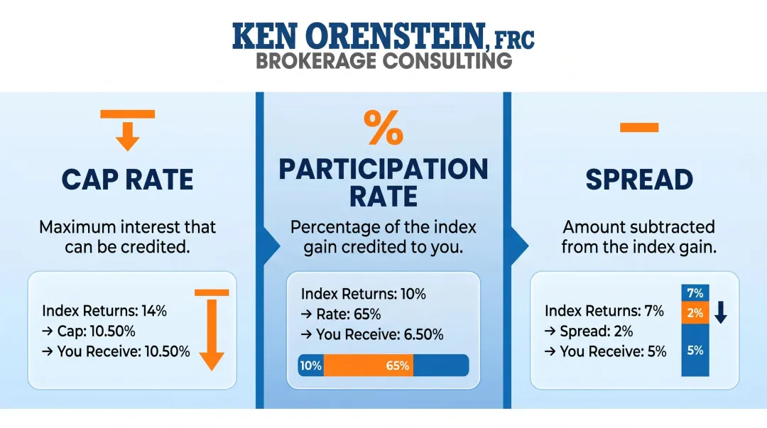 Three FIA interest-limiting mechanisms cap rate participation rate and spread explained