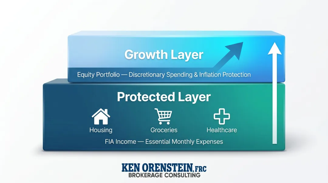 Two-layer retirement income strategy showing protected floor and growth equity portfolio split