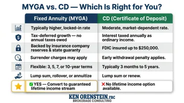 Fixed annuity MYGA versus CD seven-feature side-by-side comparison infographic