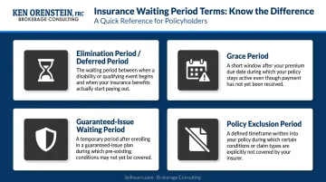 Four insurance waiting period terms defined side-by-side comparison infographic