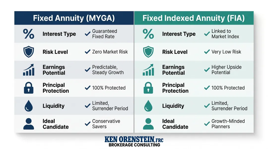 Fixed annuity versus fixed indexed annuity side-by-side feature comparison infographic