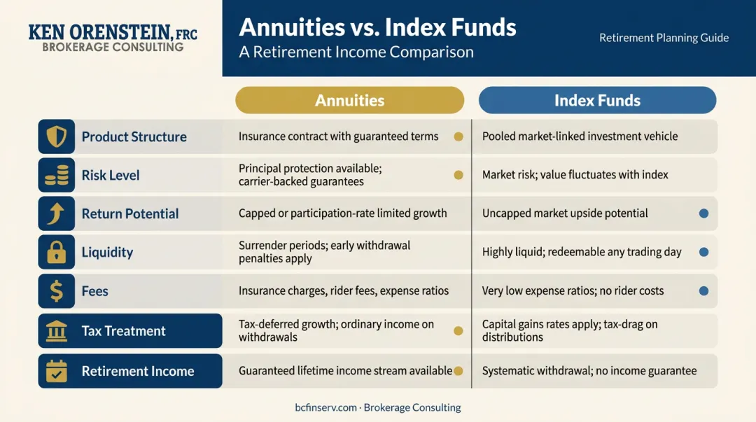 Annuities versus index funds seven-dimension retirement planning comparison chart