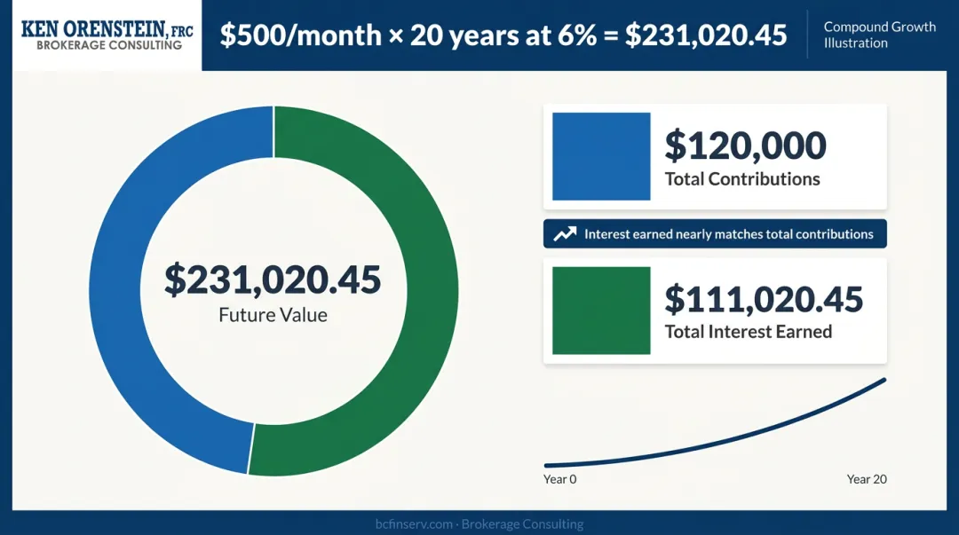 Annuity future value breakdown showing contributions versus compound interest earned over 20 years