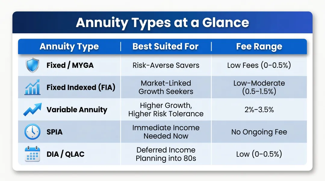 Five annuity types eligible for 401k rollover comparison chart with fees and use cases